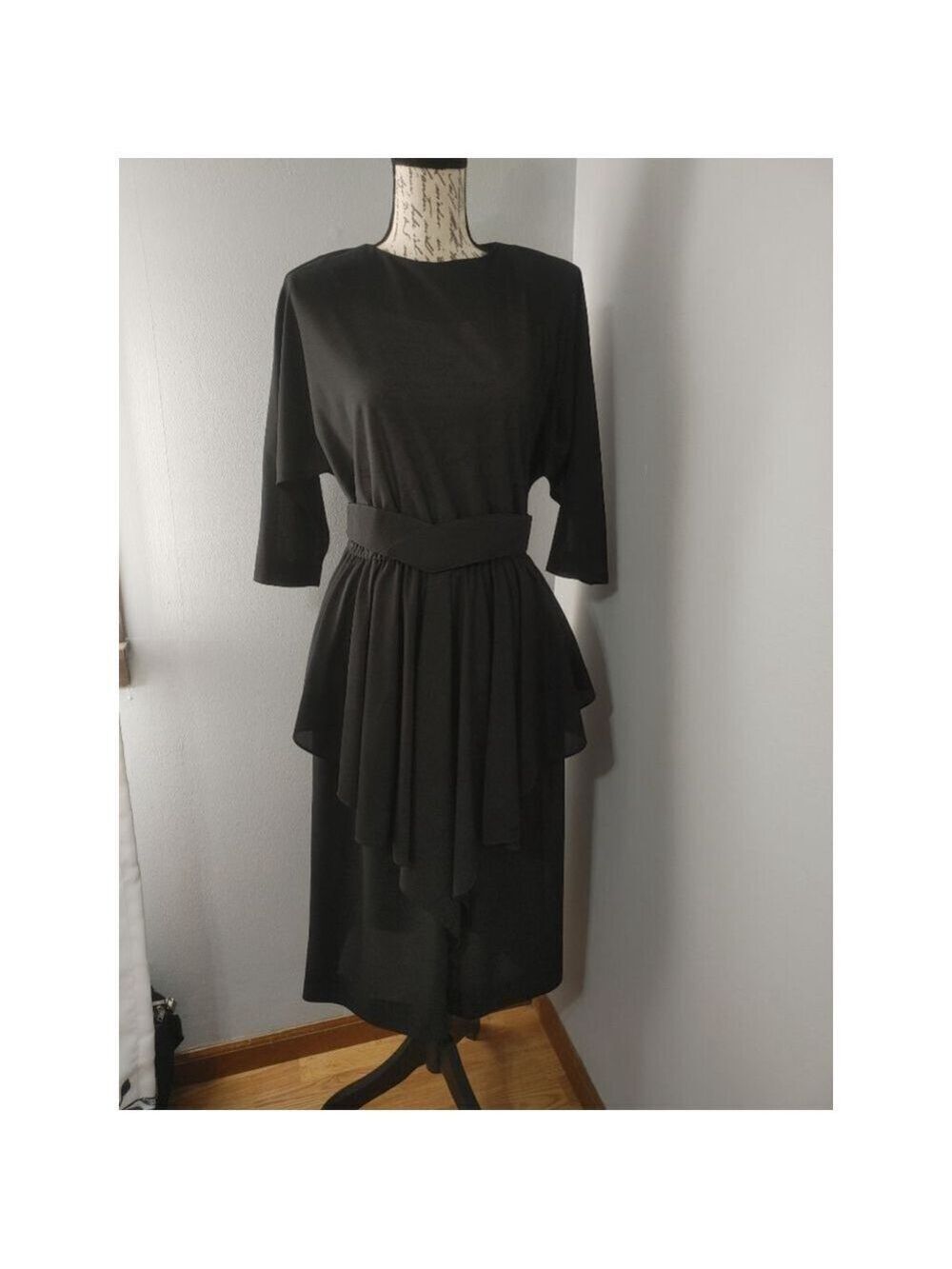 Women's Vintage 80s Hal Hardin Black Dress Elastic Waist, Ruffle Size 12 (small)